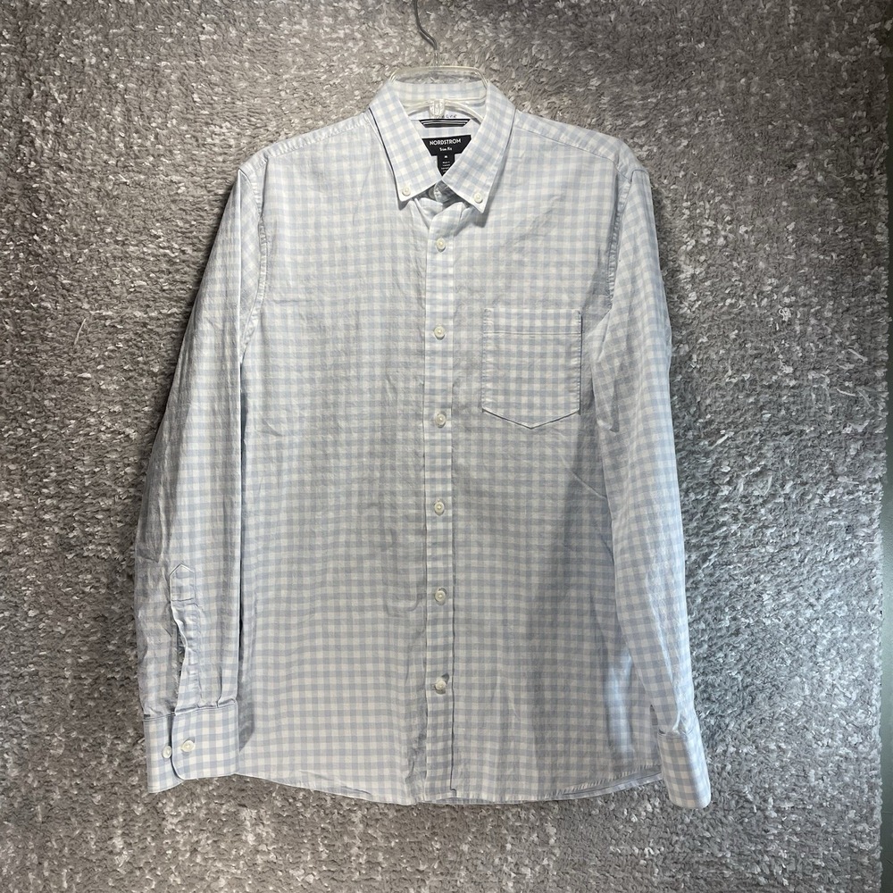 Nordstrom Trim Fit Blue Plaid Long Sleeve Button Linen Cotton Shirt M Preppy